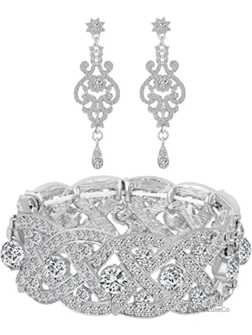 Elegant Rhinestone Tennis Bracelet & Drop Earrings Jewelry Set Stretchy Crystal
